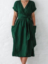V-neck Short Sleeve Pocket Solid Color Dress Ins Street
